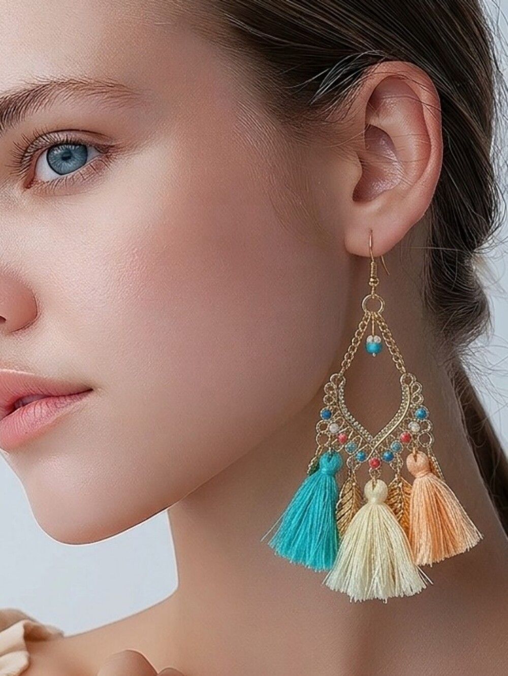 Turquoise Tassel Chandelier Earrings Boho Festival Gold Fringe Statement Jewelry